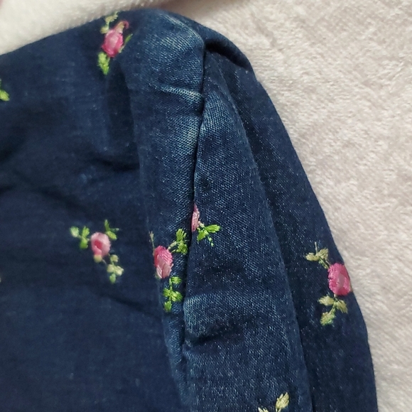 70s Dark Blue Denim Tote w/Embroidered Pink Flowers-Pink Fabric Liner-Velcro-EC - Picture 12 of 13